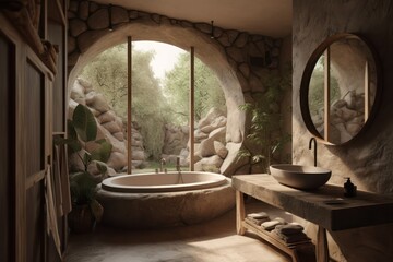 Fototapeta na wymiar Luxurious Nature-Inspired Bathroom with Natural Light and Stunning Rock Walls..