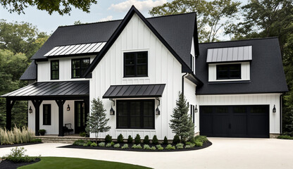 A brand new, white contemporary farmhouse with a dark shingled roof and black windows is seen in OAK PARK, IL, USA, on August 17, 2020. A rock siding lines the left side of the home - obrazy, fototapety, plakaty