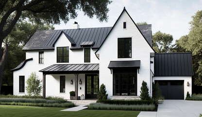 A brand new, white contemporary farmhouse with a dark shingled roof and black windows is seen in OAK PARK, IL, USA, on August 17, 2020. A rock siding lines the left side of the home