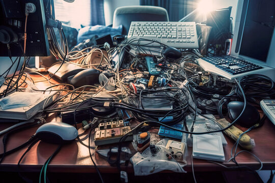 Chaotic untidy table with technical spare parts, cables, connections, keyboards, computer mice and electronic waste, made with generative ai