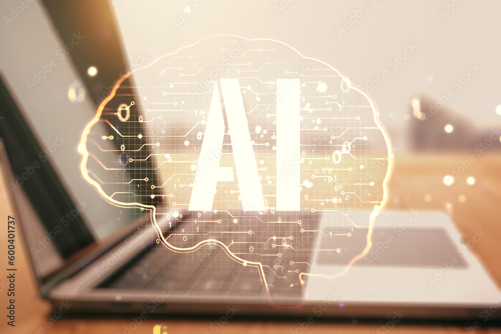 Poster double exposure of creative artificial intelligence symbol with modern laptop on background. neural 