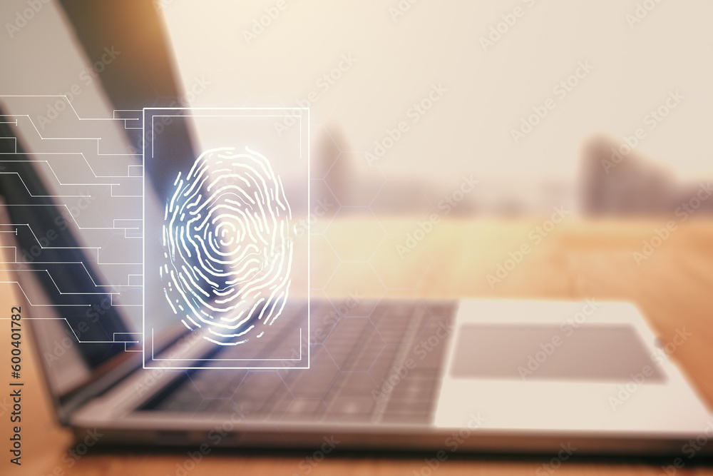 Poster Multi exposure of abstract graphic fingerprint sketch on modern computer background, fingerprint scan data concept