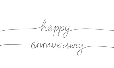 One line continuous phrase happy anniversary.  Line art handwriting. Isolated on white background. Vector illustration.