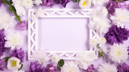 Obraz na płótnie Canvas White purple pink spring flowers and leaf Border surrounding on a purple rustic Wooden Tabletop, Highlighting the Soft and Selective Elements of Flower Border Art. Generative ai