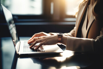 Woman working on laptop on an office, close up of businesswoman. generative AI