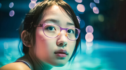A hyper realistic close up of an Asian woman swimming in a neon lit pool at night. generative AI.