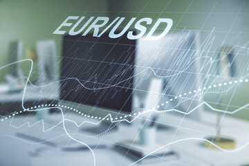 Double exposure of creative EURO USD forex chart hologram on laptop background. Banking and investing concept