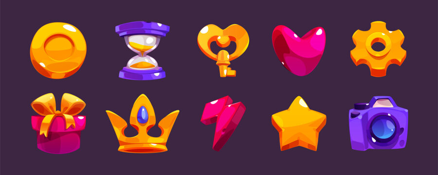 Cartoon game interface icon with crown and key. Vector gold element set with star, heart, prize and hourglass illustration kit. Settings and camera props symbol collection for mobile magic rpg app
