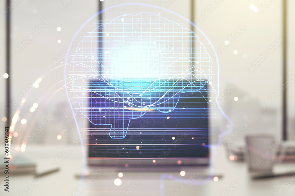 Aufkleber double exposure of creative human head microcircuit with computer on background. future technology a