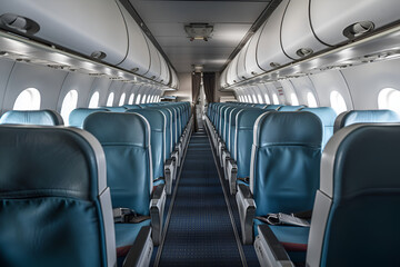 Fototapeta premium Interior of an empty modern airplane cabin in blue color, Generative AI 1