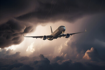The plane flies through a thunderstorm, Generative AI 5 - obrazy, fototapety, plakaty