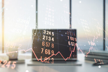 Multi exposure of abstract graphic data spreadsheet sketch on modern computer background, analytics and analysis concept