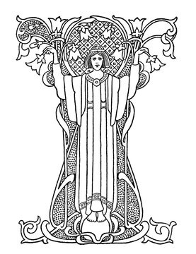 Vintage hand drawn printed engraving, Art Nouveau style figure on ornate decorative background. Antique illustration, coloring book design.