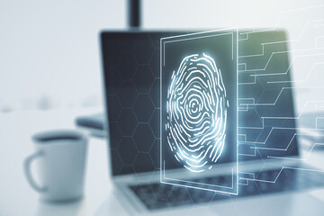 Multi exposure of creative fingerprint hologram on laptop background, personal biometric data concept