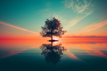 Naklejka na ściany i meble Tree standing in the water during a breathtaking sunset, with its reflection creating a sense of calm and tranquility. Ai generated