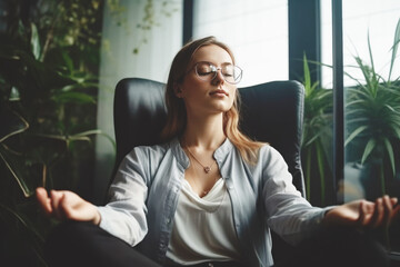 Young woman meditating at workplace in office, stress relief exercise - obrazy, fototapety, plakaty