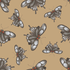 Hand-Drawn Seamless Pattern of Black and White Butterflies of Various Sizes on Brown Backdrop.