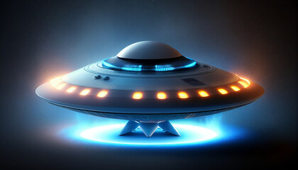 Fototapeta premium Bluelit UFO spaceship with an illuminated portal in a futuristic illustration, Generative AI