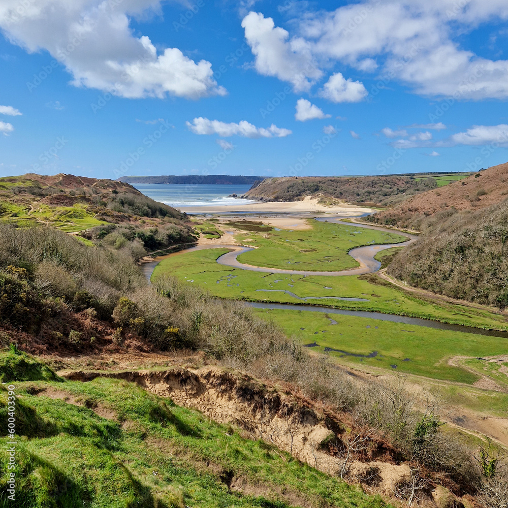 Wall mural Three Cliffs Bay, a popular tourist destination located on the south coast of the Gower Peninsula in Wales.