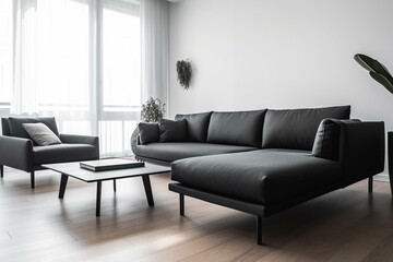 Minimalist living room centered around a black couch with ample natural light and comfort. Generative AI