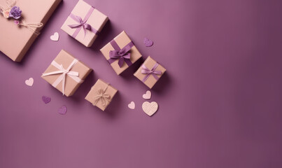 Presents, gifts and hearts on a mauve color background, valentine's day, mother's day, birthday, christmas, Generative AI - obrazy, fototapety, plakaty