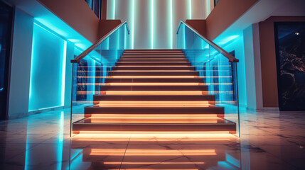 Stairs with LED lighting in a modern interior. Ai generated.