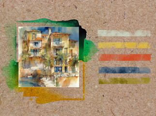 template of seasonal mood board with watercolor elements, paper texture and countryside. Generative AI