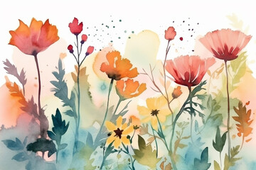 Fototapeta na wymiar Beautiful watercolor aquarella painting of vibrant summer flowers. Ai generated