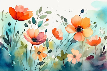 Fototapeta na wymiar Beautiful watercolor aquarella painting of vibrant summer flowers. Ai generated