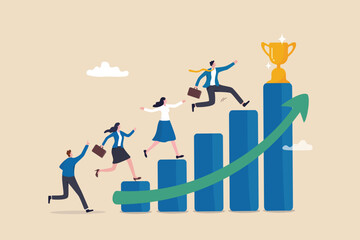 Growth to success, team achievement or teamwork to achieve target, career development or business strategy to win or victory, growing business concept, business people running up graph to trophy. - 600404381