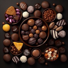 Chocolate candies on a table background