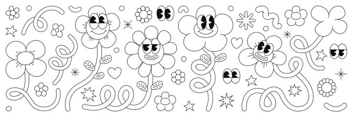 Retro cartoon flower character sticker pack. Groovy funky comic daisy flower with eyes and abstract cloud shapes in trendy retro cartoon style. Vector illustration with wavy spiral and loop elements.