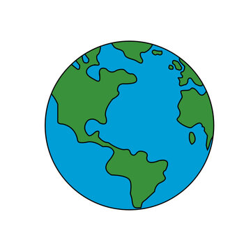 Image of the Earth, with its land and oceans in blue and black outline on a white background