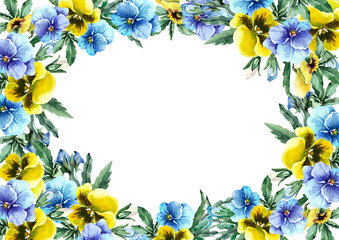 Rectangular floral frame with blooming spring flowers. Cute floral oval background with pansy bouquets. Place for text. Hand drawn watercolor illustration on white background for wedding invitations.
