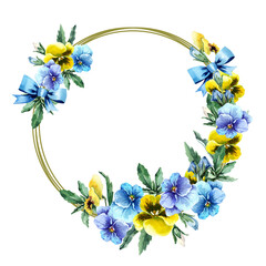 Round floral frame with pansy flowers. Summer wreath with blooming flowers, green leaves. Place for text. Hand drawn watercolor illustration on white background for cards, banner, wedding invitation.