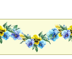 Seamless floral border of garden pansy flowers. Summer garland on a horizontal strip. Ornament of flowering spring plants. Hand-drawn watercolor illustration on yellow background for fabric, textile.