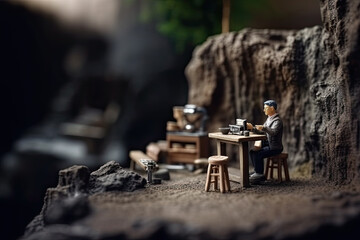 Obraz na płótnie Canvas Miniature toy figure of a man sitting at a table in a cafe on a mountain ledge among rocks, created with Generative AI