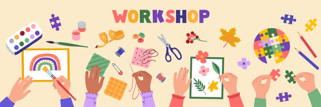 Creative workshop for children. Top view of the table with kids hands doing handmade craft work. Sewing, drawing, herbarium, picking up puzzles. Hand drawn vector illustration, flat cartoon style.