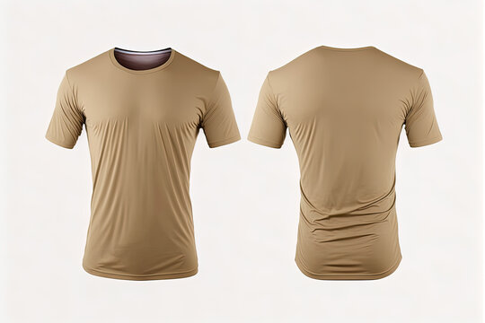 Photo realistic male beige t-shirts with copy space, front and back view. Created with Generative AI Technology