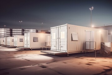 Obraz na płótnie Canvas 3D view of portable office buildings for construction sites. Mock up of white container site office and cabins. Generative AI