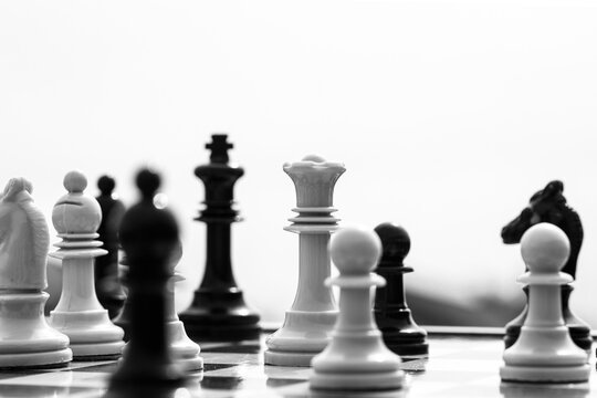 Queen and king of the chess piece on a board on a white background in a game. Chess pieces on the board with the focus on the queen attacking king in check. Black and white chess pieces  copy space