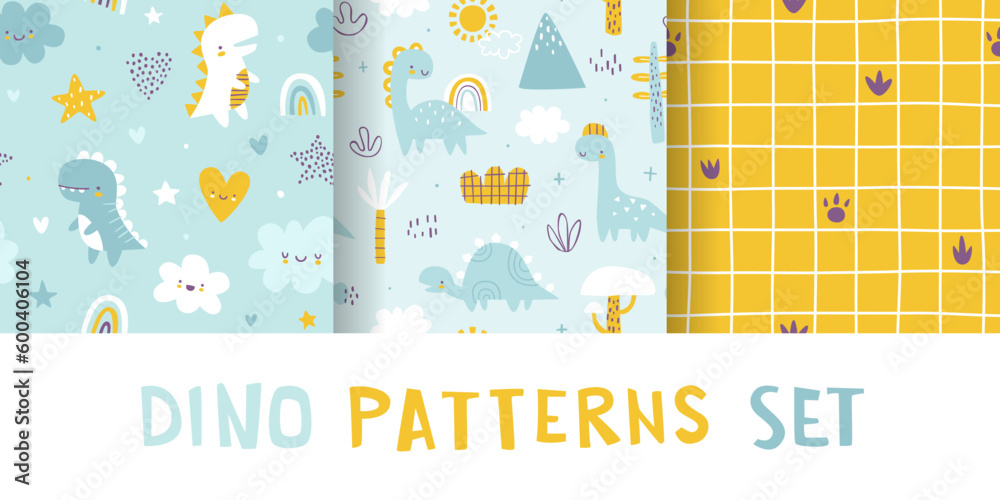 Wall mural cute jurassic pattern set with dino. seamless scandinavian vector print collection with abstract din