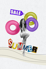 Creative retro magazine collage of excited funky lady enjoying summer stuff shopping isolated white color background