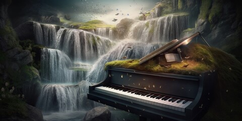 Surreal landscape with a waterfall of musical notes cascading from a grand piano, illustrating the harmony between nature and music, concept of Mystical harmony, created with Generative AI technology