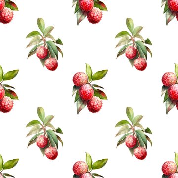 Seamless pattern with many lychees on white background in watercolor style. Generative AI.