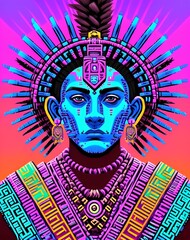 Native american Man in a colorful costume, psychedelic art, Digital illustration. Generative AI.