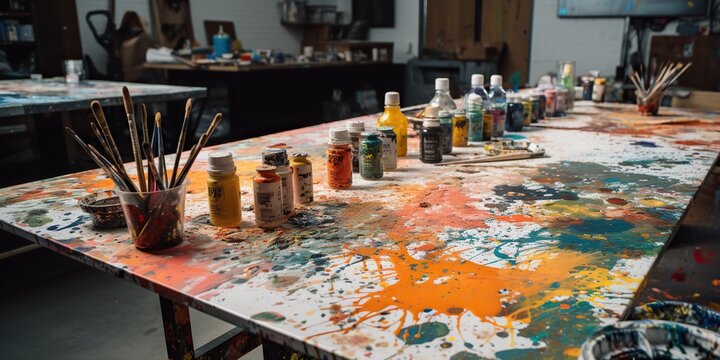 A table covered in vibrant paint splatters and brushes, indicating a couples painting class in progress at an art studio, concept of Creative expression, created with Generative AI technology