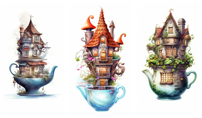 Watercolour fantasy pottery houses. Greeting cards and envelopes artwork project 4.