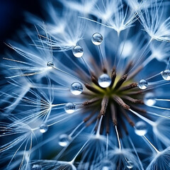 Macro shot of dandelion flower with raindrop blue tones Generative AI