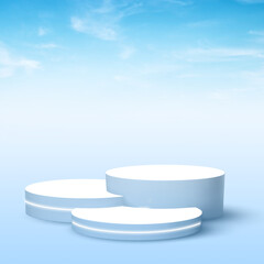 Round cylinder  podium with glass, tropical leaves of plants, showcase with shadows on pastel background Stage showcase , cosmetic of products